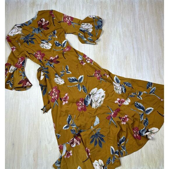 Lulu's Love & Light Mustard Yellow Floral Print Midi Romantic Faux Wrap Dress XS - Picture 10 of 16